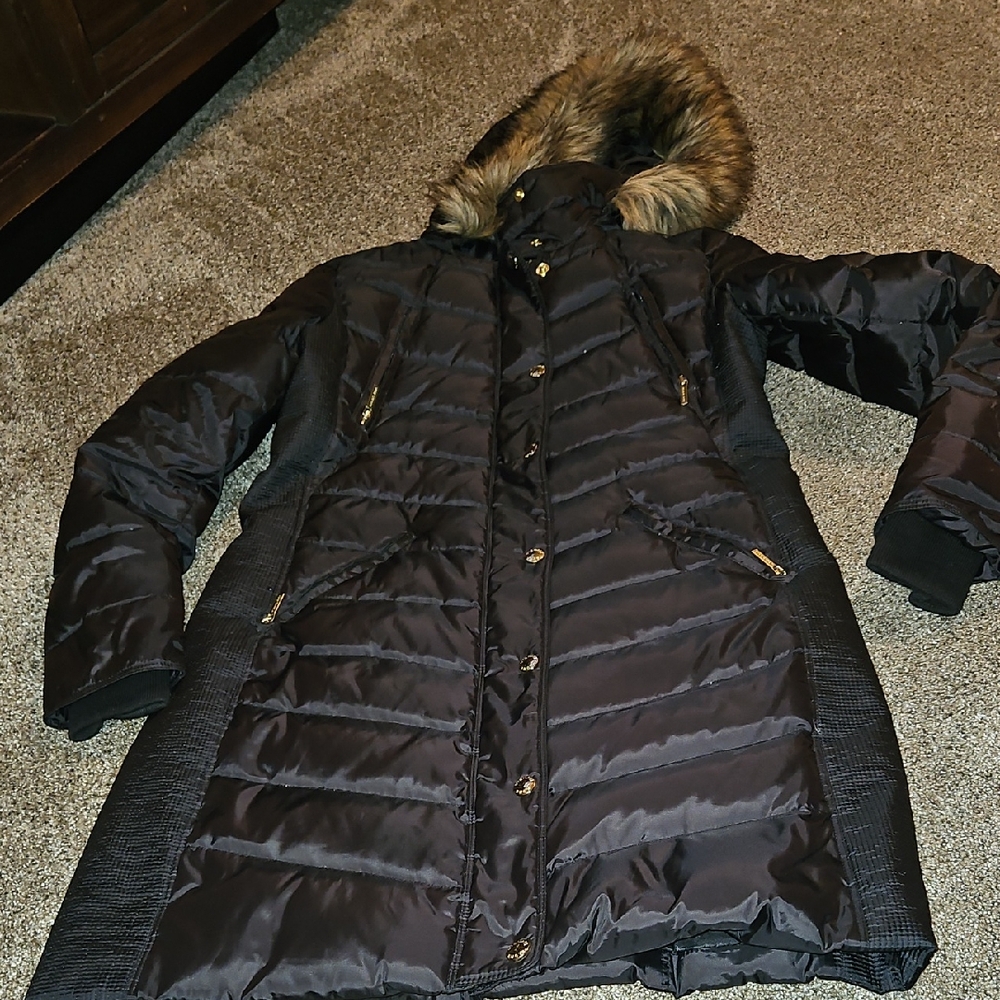 Michael Kors Black Puffer Coat with Fur Trim
